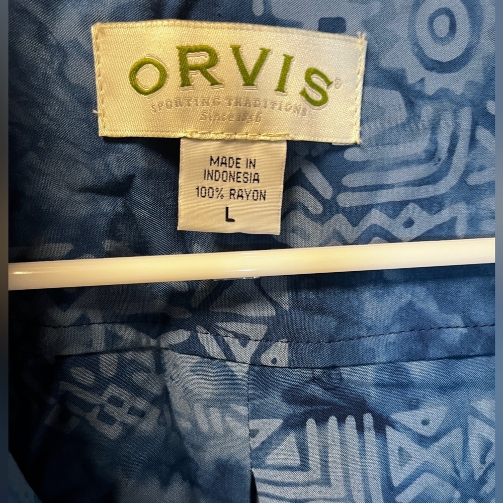 Orvis blue Aztec print Hawaiian button up short sleeve shirt size large - Picture 2 of 2